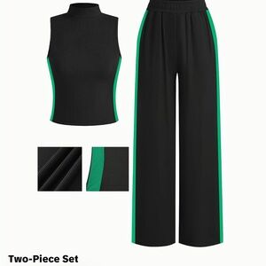 Women's Black Wide-Leg Pants & Sleeveless Top Set with Green Stripe